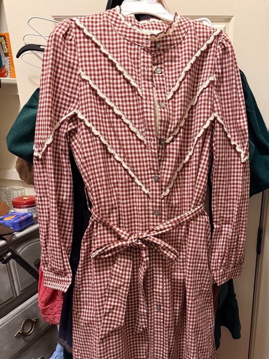 entro Dresses & Skirts - entro Red Gingham Button-Front Long Sleeve Dress with Cream Lace Trim